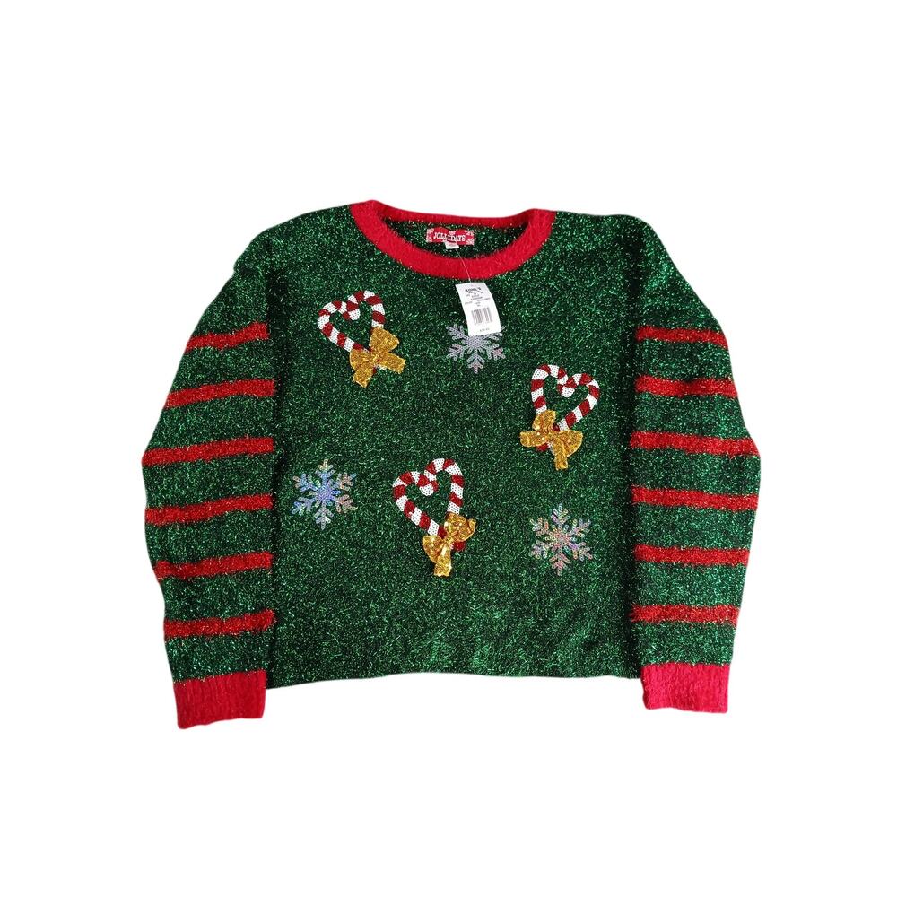 Jollidays Ugly Christmas Sweater Womens XL Green Tinsel Glitter Sequin Candy NWT